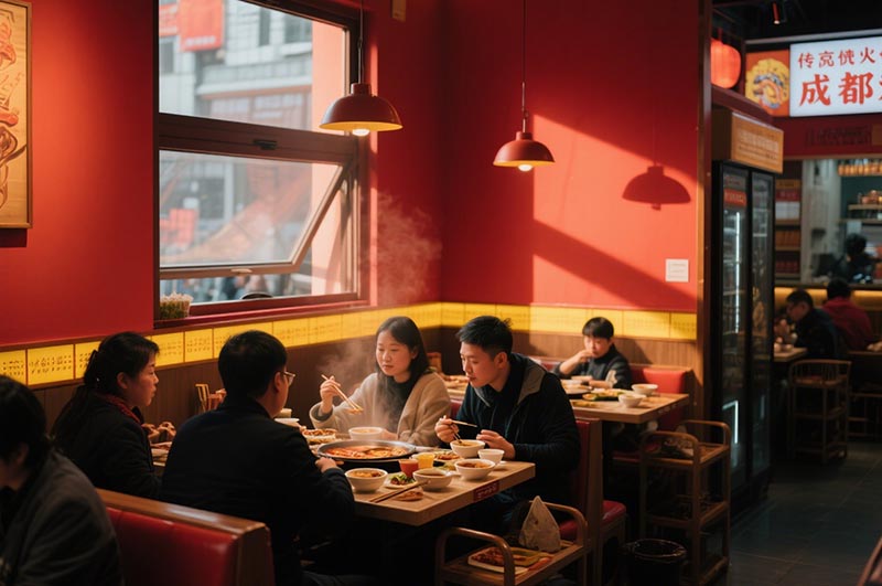 以紅、黃二色為例的川味火鍋店裝修效果圖