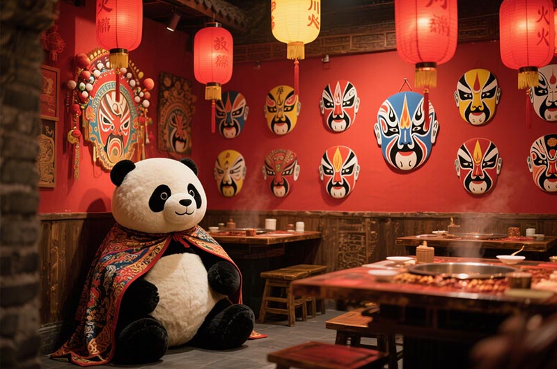 融入川劇臉譜、熊貓圖案、蜀錦元素等的火鍋店裝修效果圖