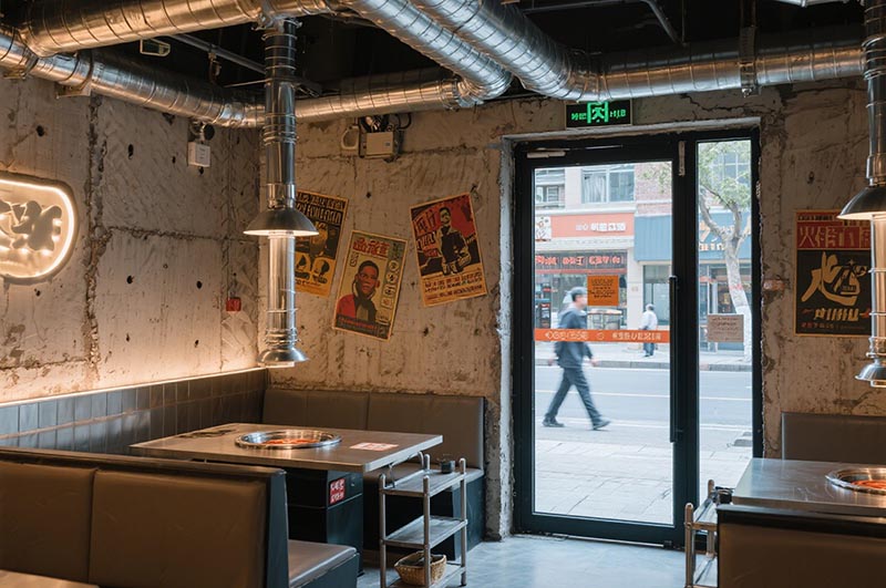 裸露的水泥墻面的工業(yè)風火鍋店裝修效果圖